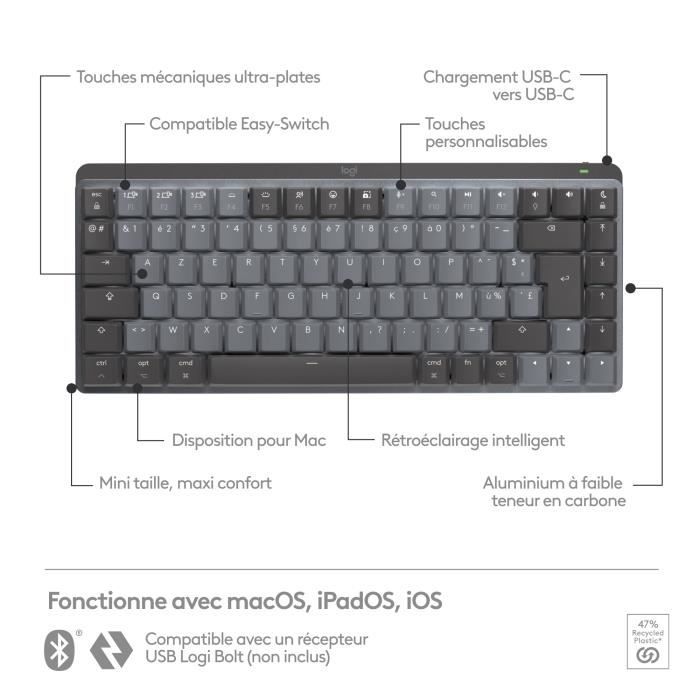 Clavier - Sans fil - Logitech - MX Mechanical Mini - Pour Mac - Gris sidÈral