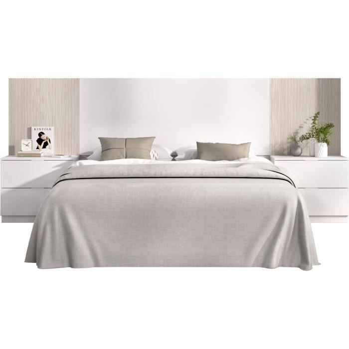 Tete de lit avec chevets intégrés - LOMA - Blanc / Bois - 258,6 x 34,2 x 106 cm