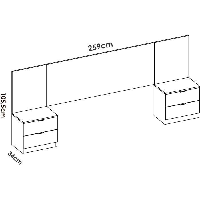 Tete de lit avec chevets intégrés - LOMA - Blanc / Bois - 258,6 x 34,2 x 106 cm