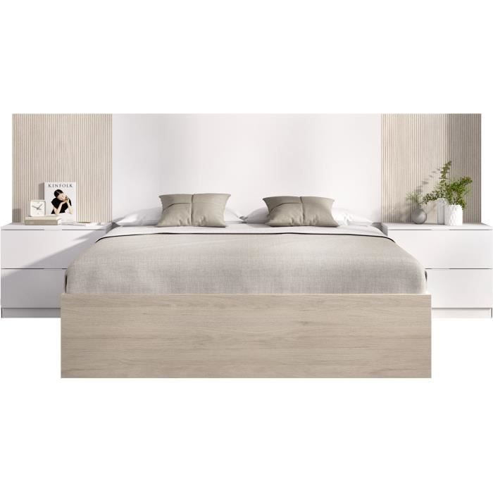Lit adulte avec chevets intégrés LOMA - 160 x 200 cm - Chene naturel / Blanc