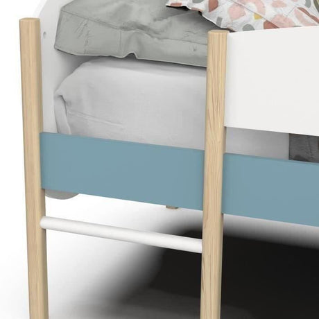 DEMEYERE Lit toboggan - 90 x 200 cm - Sommier a lattes - 2 Tirroirs - Décor blanc et bleu orage