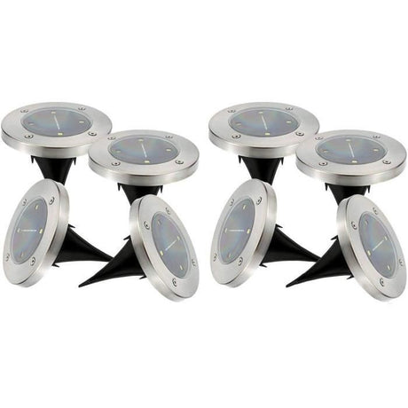 Lot de 8 spots solaires ronds inox encastrable ou a piquer - LUMISKY - DECKY - LED blanc froid - Ř12 cm