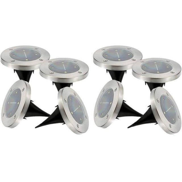 Lot de 8 spots solaires ronds inox encastrable ou a piquer - LUMISKY - DECKY - LED blanc froid - Ř12 cm