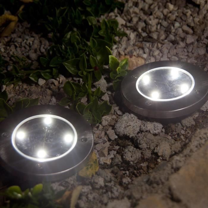 Lot de 8 spots solaires ronds inox encastrable ou a piquer - LUMISKY - DECKY - LED blanc froid - Ř12 cm
