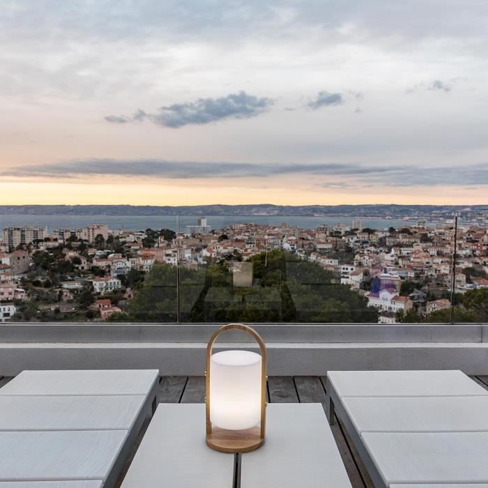 Lanterne extérieure LED Woody - LUMISKY - Blanc - Design scandinave - Poignée en bois naturel - Autonomie 10h