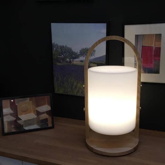 Lanterne extérieure LED Woody - LUMISKY - Blanc - Design scandinave - Poignée en bois naturel - Autonomie 10h