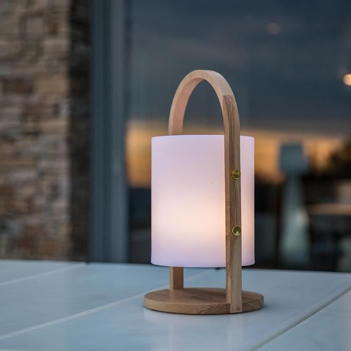 Lanterne extérieure LED Woody - LUMISKY - Blanc - Design scandinave - Poignée en bois naturel - Autonomie 10h