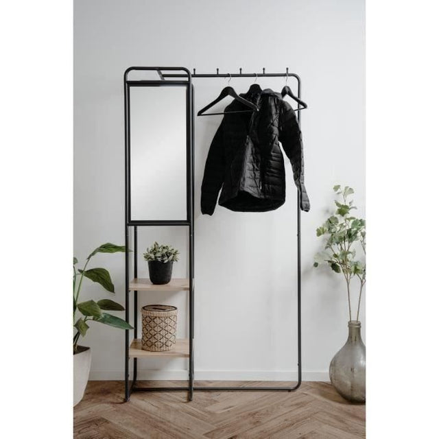 Meuble d'entrée - LUTON - Structure métallique - Noir / Chëne artisan - 100 x 185 x 37 cm - 2 étageres - 1 miroir