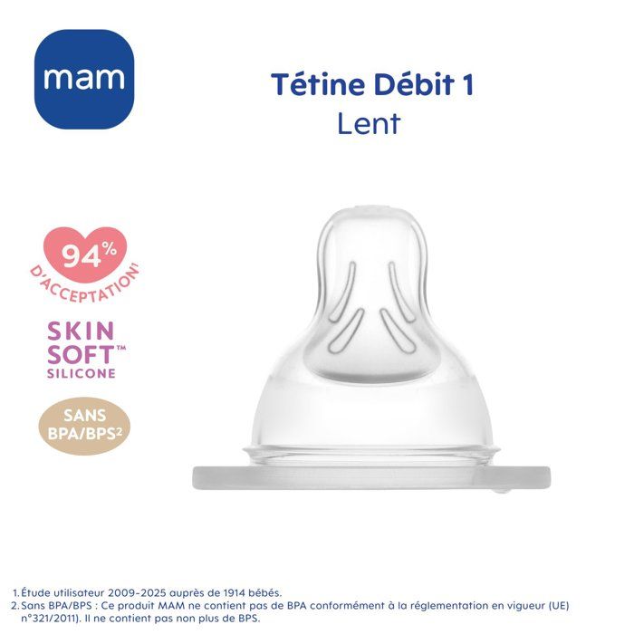 MAM Accessoires pour Biberons Tétine Silicone +0m Débit 1 Lent 2 unités