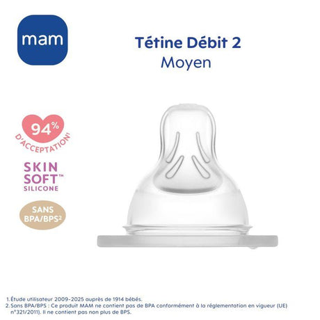Tétine MAM Silicone +2m Débit 2 Moyen - Lot de 2