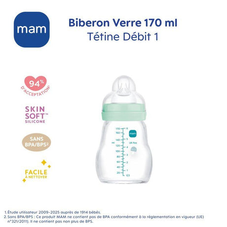 MAM Biberon Verre - 170ml - Bleu - Tétine Débit 1