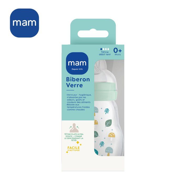 MAM Biberon Verre - 170ml - Bleu - Tétine Débit 1