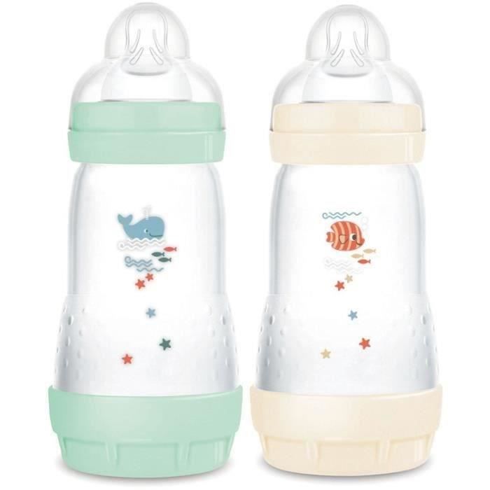 Set of 2 Baby Bottles - MAM - Easy Start - Classic Anti-colic - 260 ml - Teat flow 2 - Mint + Cotton