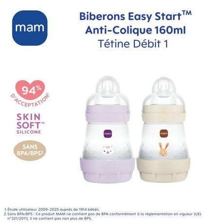 Lot de 2 Biberons - MAM - Easy Start - Anti-colique - 160 ml - Tétine débit 1 - Lilas + Sable