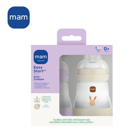 Lot de 2 Biberons - MAM - Easy Start - Anti-colique - 160 ml - Tétine débit 1 - Lilas + Sable