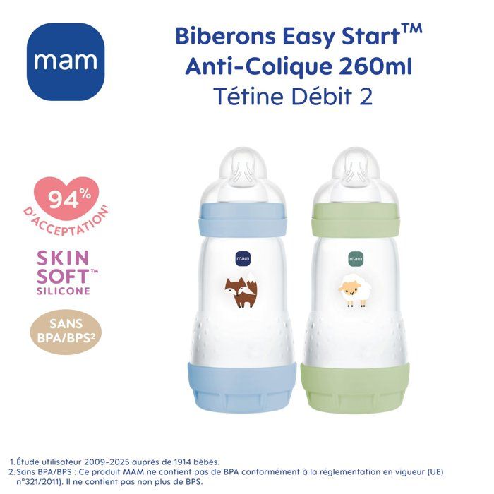 Lot de 2 Biberons - MAM - Easy Start / Anti-Colique - 260 ml - Tétine Débit 2 - Océan + Sable