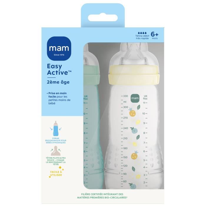 Lot de 2 Biberons - MAM BABY - Easy Active - +6 mois - 330 ml - Tétine débit X - Ice + Pearl