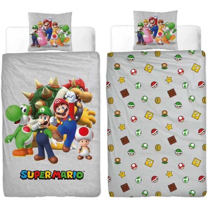 Parure de lit réversible - MARIO BROS - Super Mario - Microfibre - 1 housse de couette 140 x 200 cm + 1 taie 63 x 63 cm
