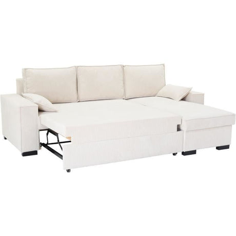 Canapé d'angle convertible réversible MARLON beige - Méridienne avec coffre - Velours côtelé  L 240 x P 143 x H 85cm