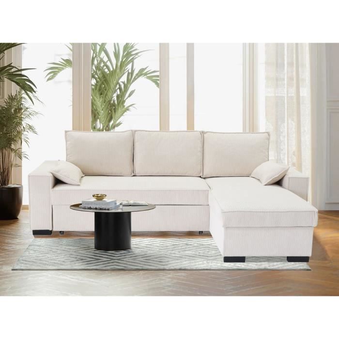Canapé d'angle convertible réversible MARLON beige - Méridienne avec coffre - Velours côtelé  L 240 x P 143 x H 85cm