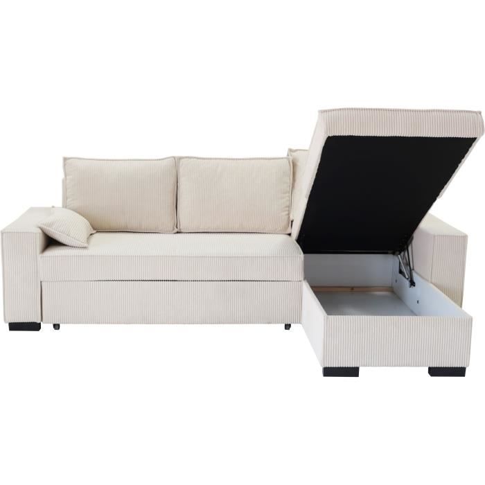 Canapé d'angle convertible réversible MARLON beige - Méridienne avec coffre - Velours côtelé  L 240 x P 143 x H 85cm