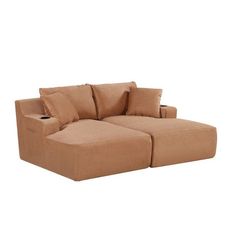 Canapé compressé modulable - 2 places - MARTY - Tissu Brun noisette - Rangement & Porte-verres - 180 x 157 x 88 cm