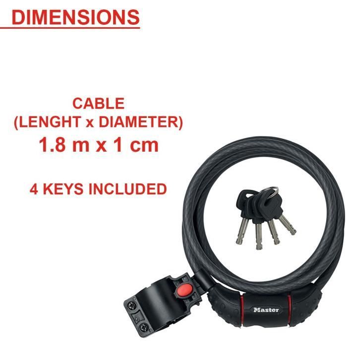 MASTER LOCK Cable Antivol VÈlo [1,8 m C‚ble] [ClÈ] [ExtÈrieur] [Support Fixation VÈlo] 8130EURDPRO