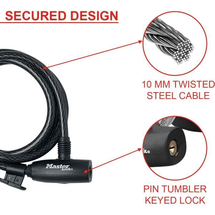 Antivol C‚ble VÈlo - MASTER LOCK - 8232EURDPRO - 1,8 m C‚ble - ClÈ - ExtÈrieur
