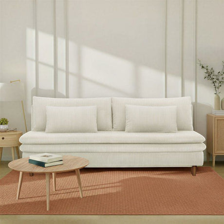 Canapé convertible - 3 places - MASSA - Tissu velours côtelé beige - Pieds bois massif - L 195 x H 82 x P 86 cm