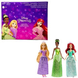 Mattel Princesses Disney Coffret de 3 poupées Tiana + Rapunzel + Ariel +accessoires et décors a double face a colorier, HLW45