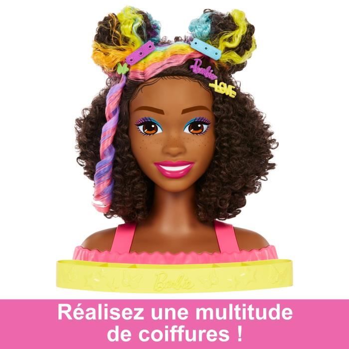 Barbie-Ultra Chevelure-Tete a Coiffer brune frisÈe meches arc-en-ciel HMD79