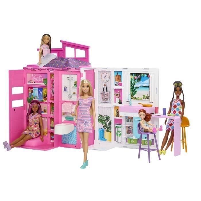 Barbie-Maison de vacances-Coffret et poupée, 4 zones et 11 accessoires HRJ77