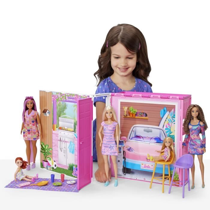 Barbie-Maison de vacances-Coffret et poupée, 4 zones et 11 accessoires HRJ77