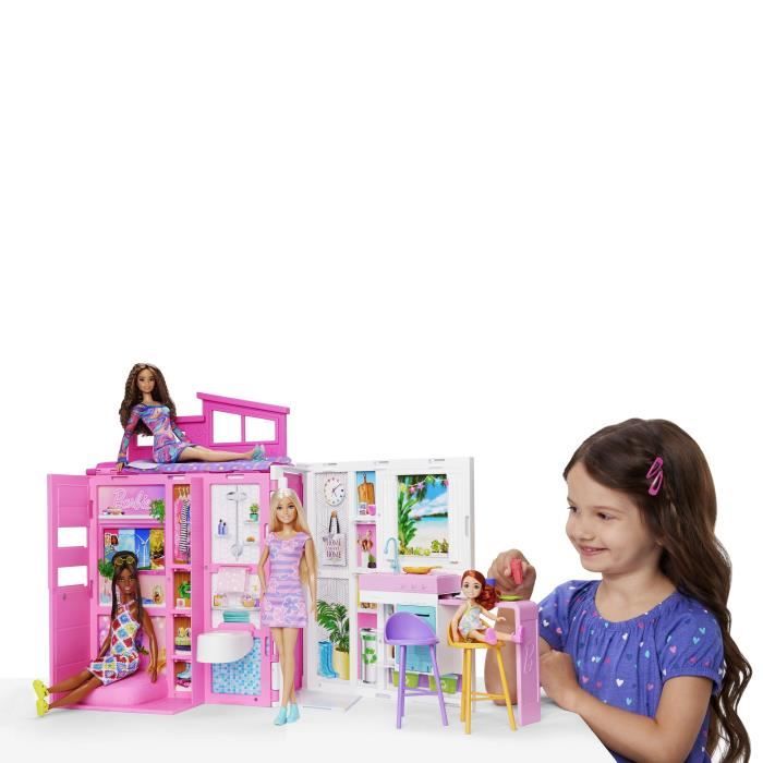 Barbie-Maison de vacances-Coffret et poupée, 4 zones et 11 accessoires HRJ77