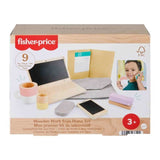 FISHER-PRICE Set de télétravail en Bois, 9 éléments avec ordinateur portable et téléphone en bois HXV11
