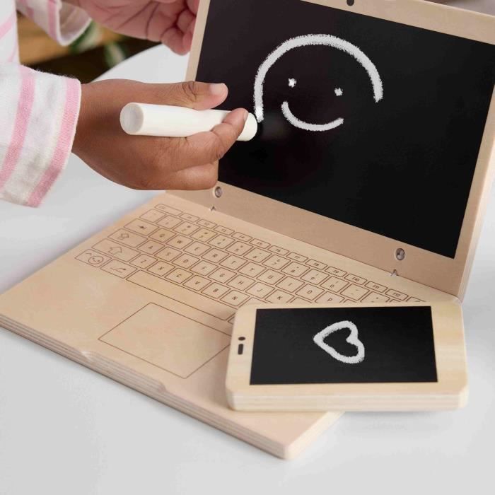 FISHER-PRICE Set de télétravail en Bois, 9 éléments avec ordinateur portable et téléphone en bois HXV11