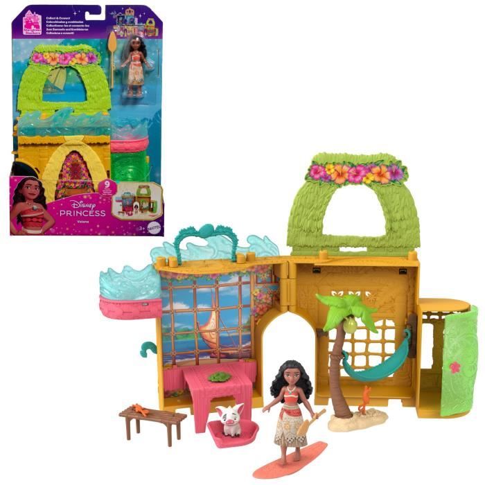 Disney Vaiana Histoires a empiler Coffret de maison de poupée avec une petite poupée Vaiana, 1 ami animal et 9 accessoires - MATTEL
