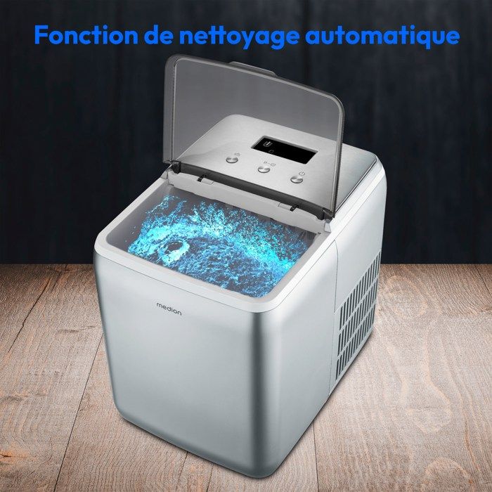 Machine a glaçons cristallins – MEDION MD11950 – Réservoir eau 2,6L – 15kg/24h – 2 tailles – 10 minutes – Inox