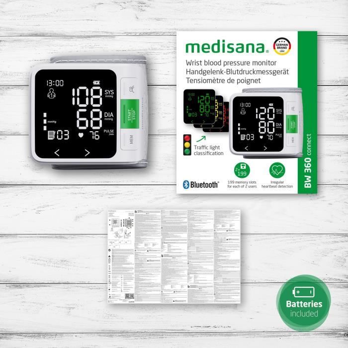Tensiometre de poignet connecté - MEDISANA - BW 360 - 1,5 V - Dispositif médical certifié - Blanc
