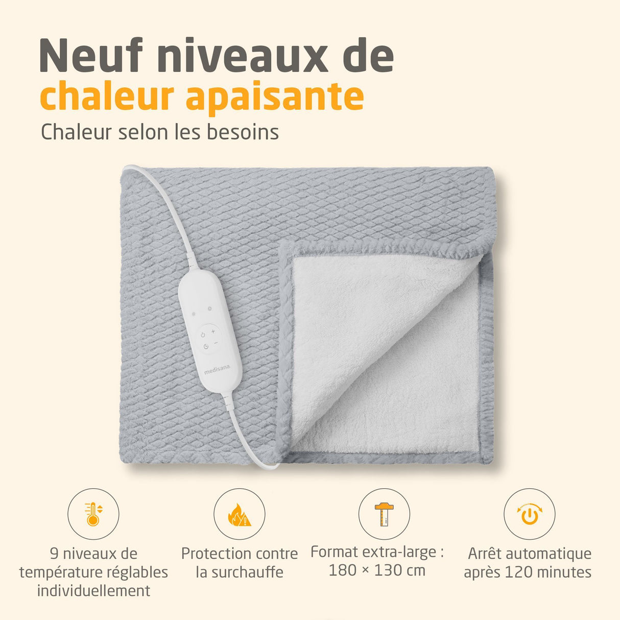 Couverture chauffante reversible - MEDISANA - HB 416 - 120 W - 9 réglages - 180 x 130 cm - Gris