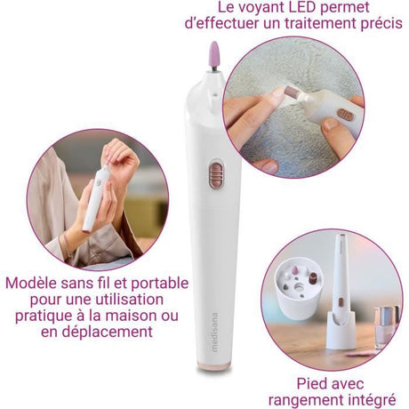 Kit de manucure / pédicure sans fil - MEDISANA - MP 900 - 5 accessoires - Eclairage LED de précision - Blanc