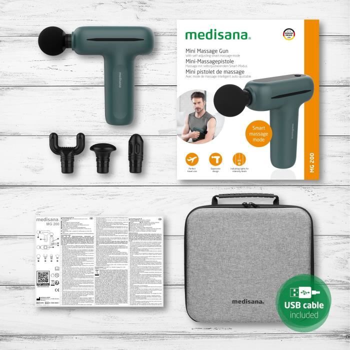 Pistolet de massage - MEDISANA MG 200 - 5 niveaux de percussion - 5 V - 50 dB - Gris / Vert