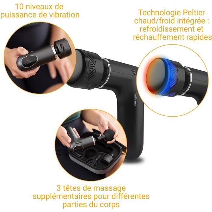 Pistolet de massage chaud & froid - MEDISANA - MG 560 - 10 intensités de percussion - 3 niveaux - 4 accessoires - Noir