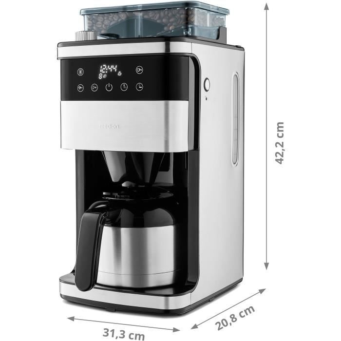 Cafetiere Filtre Digitale Isotherme avec Broyeur - MEDION - 1000W - 1,0L - Silver