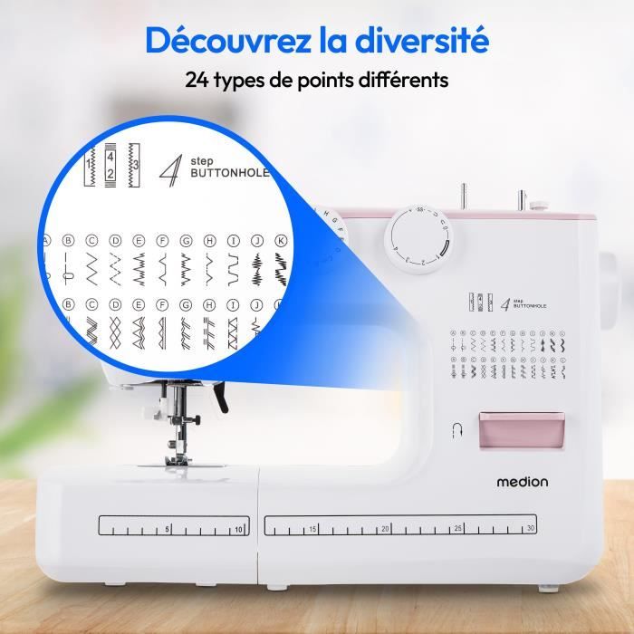 Machine a Coudre - MEDION - SM 60 - 62W - 24 Points + Points Doubles - 700 tr/min - LED - Rose