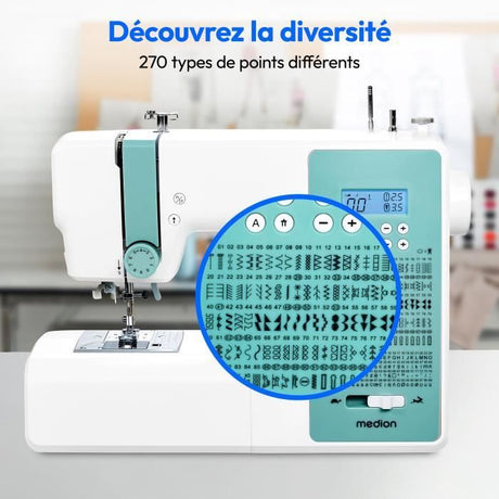 Machine a Coudre Numérique - MEDION - SD 36 - 38W - 270 Points - 700 tr/min - LED - Turquoise