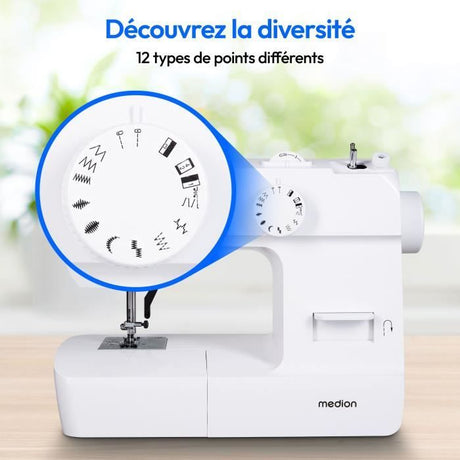 Machine a Coudre - MEDION - SM 70 - 71W - 12 Points - 700 tr/min - LED - Blanc