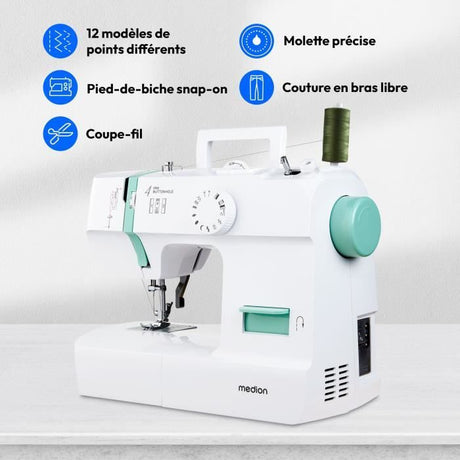 Machine a Coudre - MEDION - SM 70 - 71W - 12 Points - 700 tr/min – LED - Turquoise