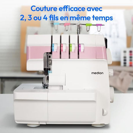 Surjeteuse - MEDION - SO 90 - 91W - Type d'aiguille 11, 14, 16 - 1200 tr/min - LED - Rose