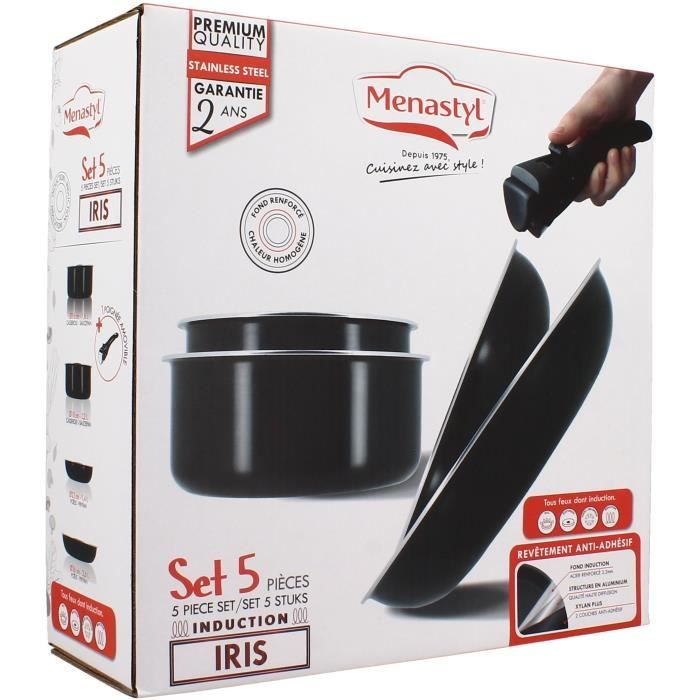 Batterie de cuisine - Induction - MENASTYL - 6020437 - Aluminium antiadhésif - 5 pieces - Poignée amovible - Noir